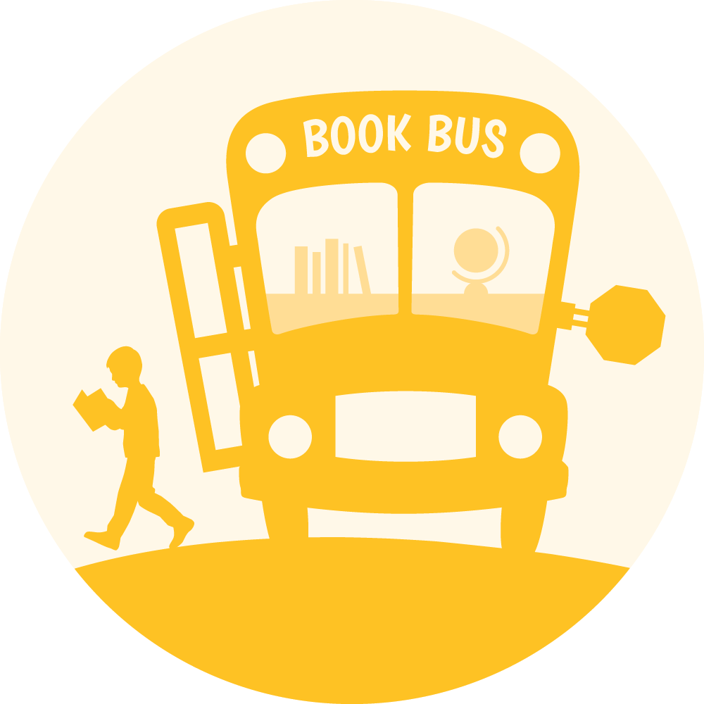 Book Bus logo, child exiting book bus