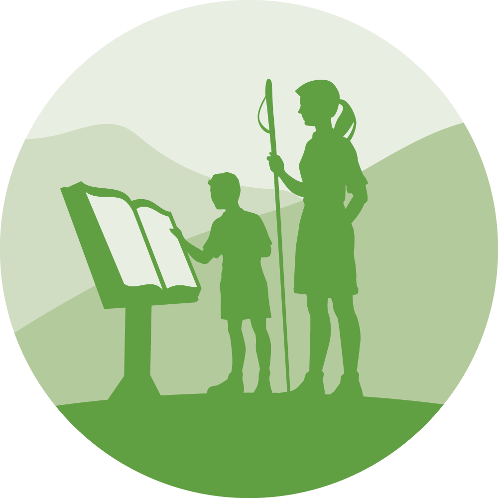 Storybook Trail logo, child with caregiver at storybook trail