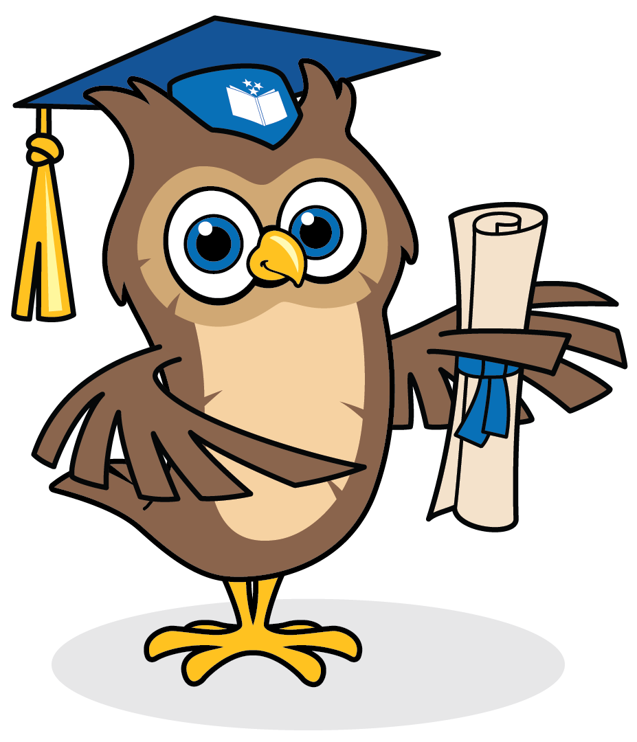 Owl wearing graduation cap and holding a diploma